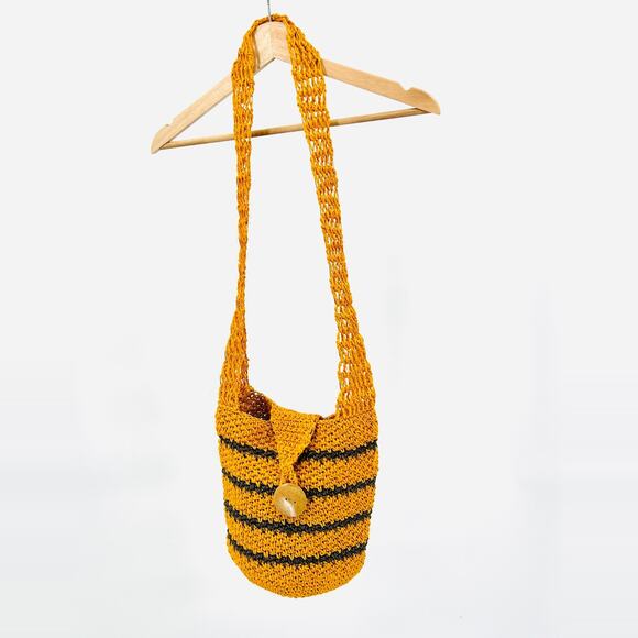 Mustard Yellow Black Striped Crochet Crossbody Boho Bucket Bag - Picture 1 of 7